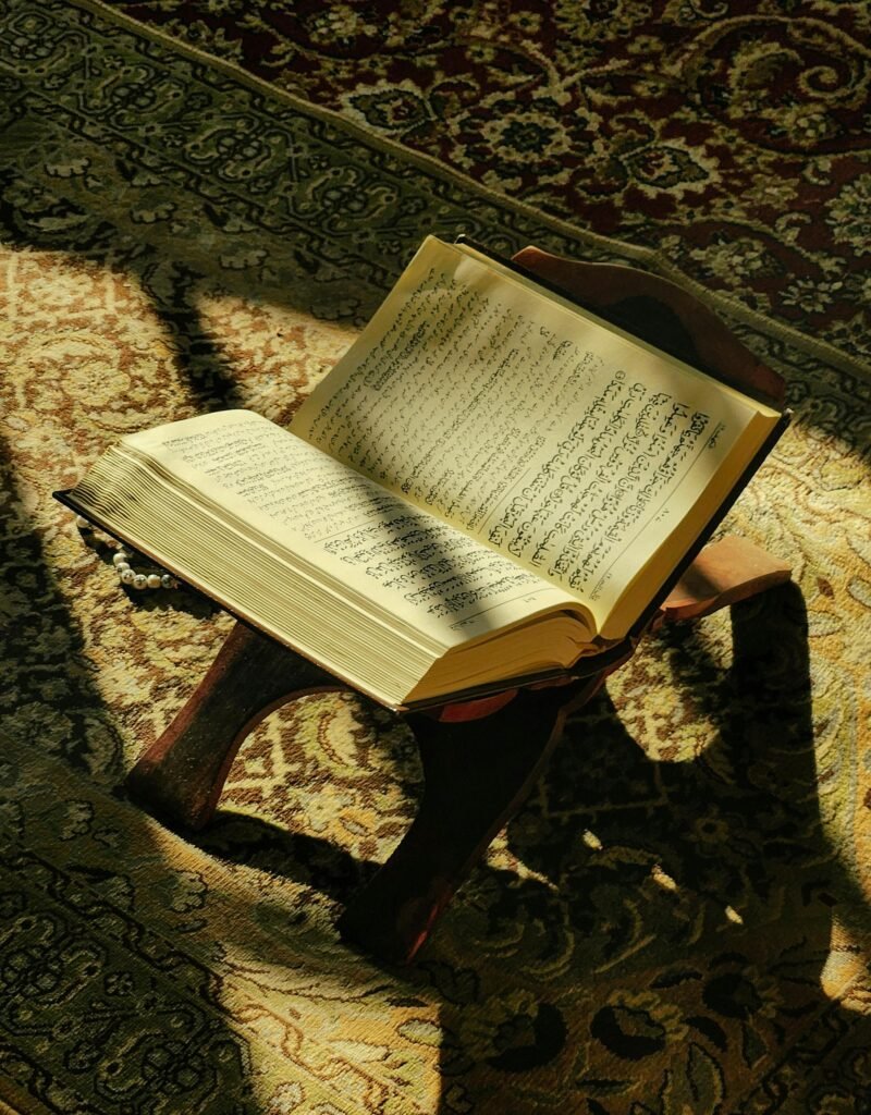 An open Quran placed on a wooden stand, bathed in warm sunlight, on a decorative rug.